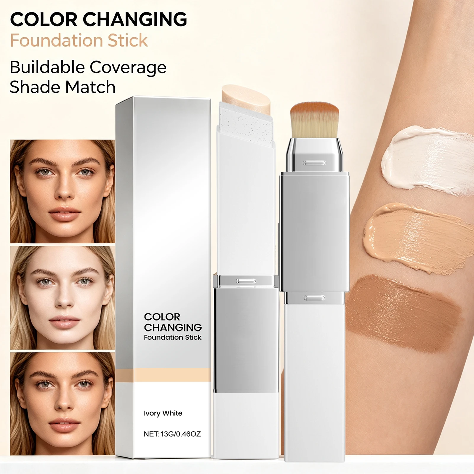 2 In 1 Color Changing Foundation Stick Matte Sheer Lightweight Cream Texture High Coverage Detachable Brush Natural Makeup Base