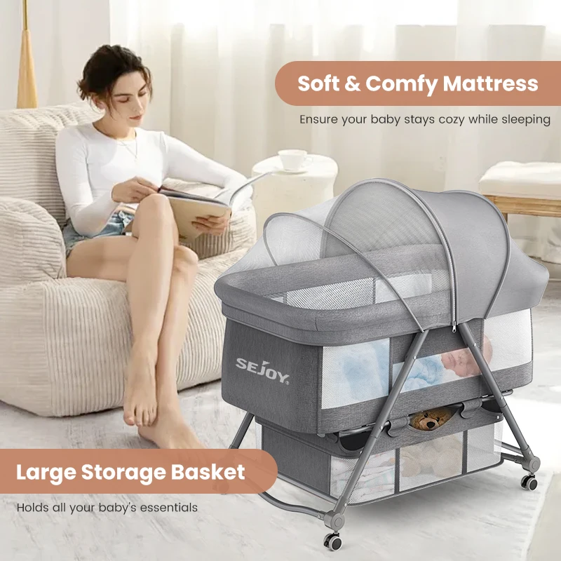 Baby Grab-and-go Travel Cot Crib , Rocking Crib Convertible ulti-function folding With Mosquito Net & Mattress & Silent Wheels