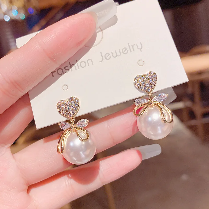 Exquisite Love Heart Bowknot Pearl Earrings for Women Korean Trendy Crystal Imitation Pearl Earring Party Jewelry Gifts