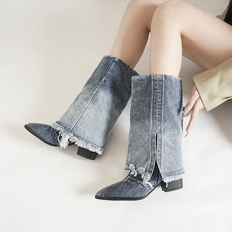 

New Tassels Denim Women Western Cowgirl Boots Fashion Women Slip on Square High Heel Shoes Autumn Winter Women's Knight Bootie