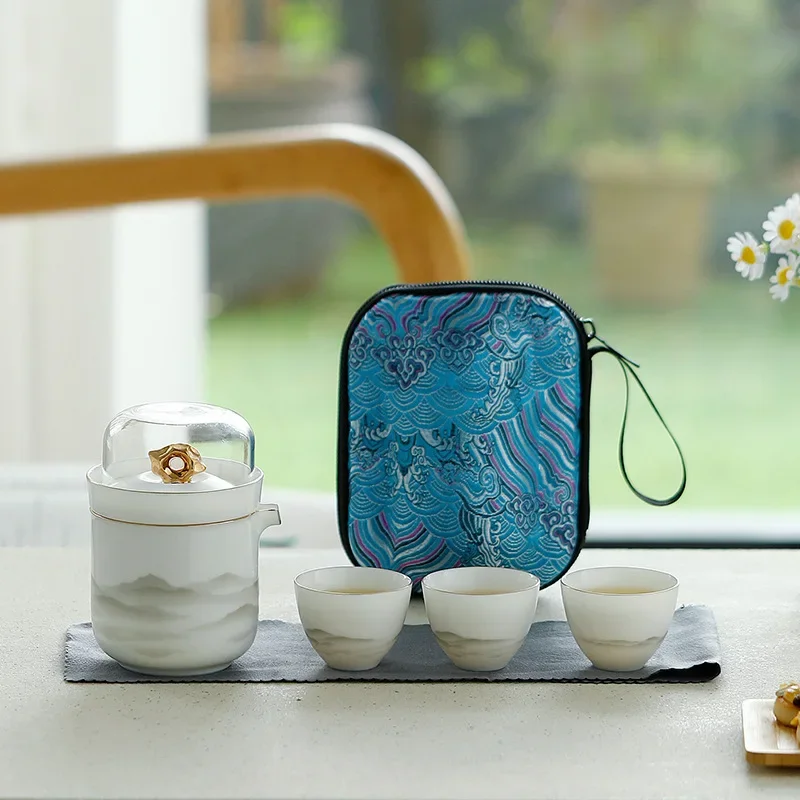 Chinese Kung Fu Kettle Suet-fat Jade Quik Cup Outdoor Travel Tea Set Convenient Camping One Pot Three Cup Tea Drinking Equipment