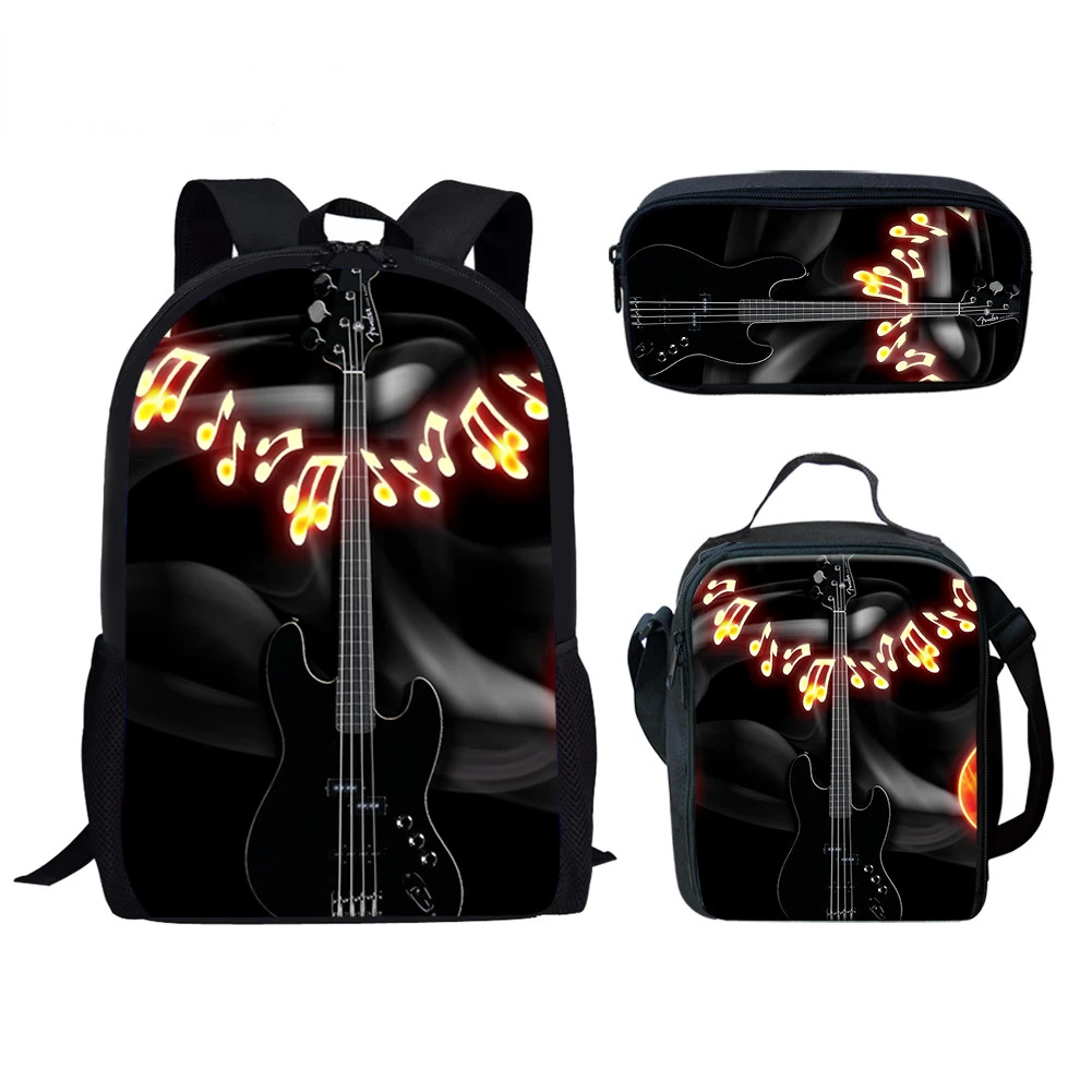 Funny Music Guitar 3pcs/Set Backpack 3D Print School Student Bookbag Anime Laptop Daypack Lunch Bag Pencil Case Kids Gifts