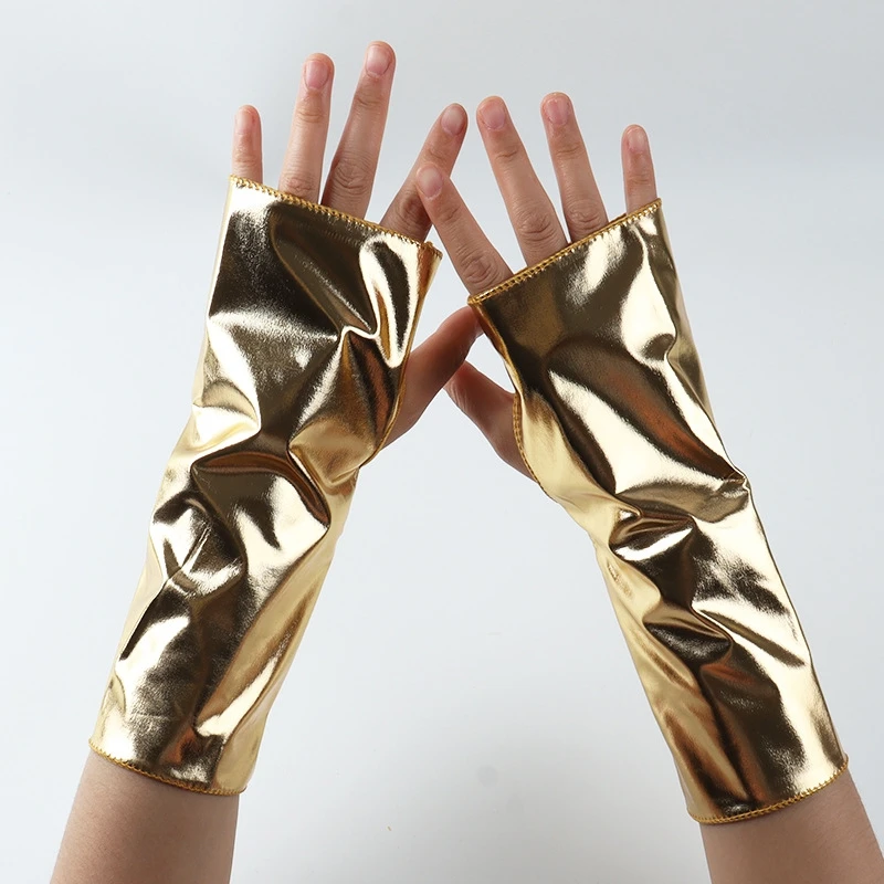 Shiny Metallic Short Decorative Gloves Solid Color Arm Sleeves for Women Punk Stage Performance Cosplay Party Fingerless Gloves