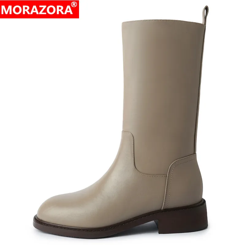 MORAZORA Plus Size 34-42 New Genuine Leather Boots Women Round Toe Mid Calf Boots Autumn Winter Half Booties Fashion Shoes