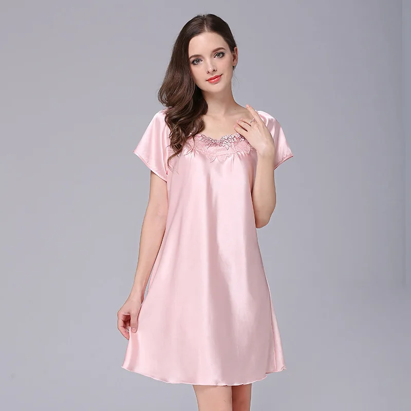 Ice Silk Casual Silk Pajamas Women Summer Sexy Short-sleeved Lace Nightdress Home Clothes Women Nightwear