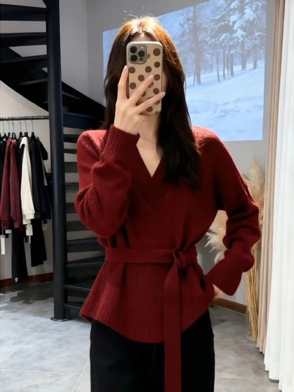 

plus Size Women's Korean Sle V-Ne Knitwear Slim Fit Sweater with Belt Autumn Winter Faionable Top Quali Material