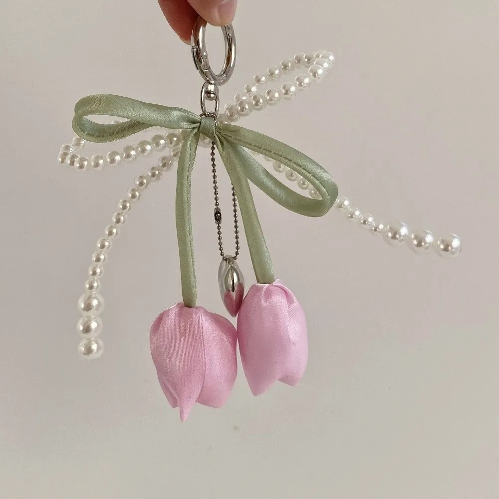 Fashion Ribbon Pearl Lace Bow Bag Accessories DIY Tulip Lace Keychain Jewelry Style Bag Charm