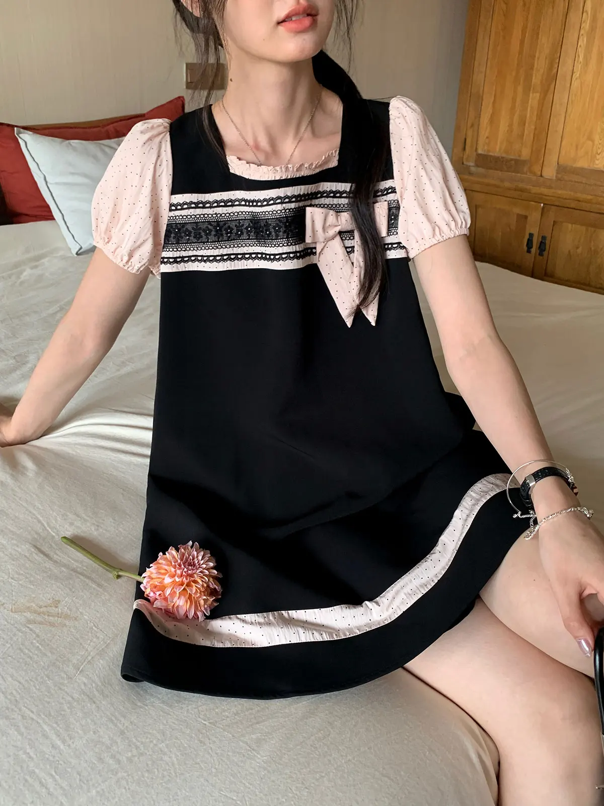 

Летняя повседневная модная женская юбка больших размеров с квадратным вырезом, нежно-розовая, из черного хлопка, с пышными рукавами, А-силуэт, повседневная