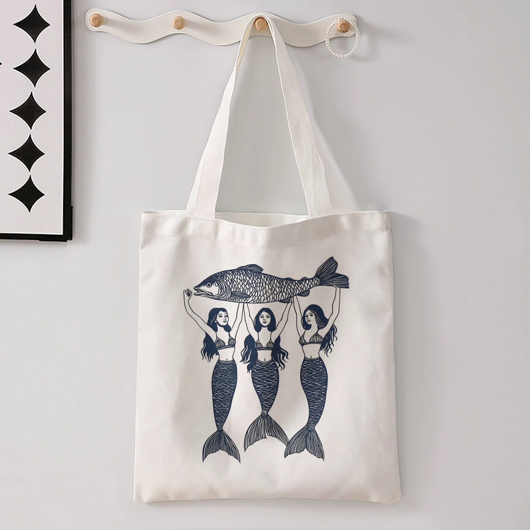 Three Mermaids Lifting Big Fish Line Print Tote Bag Large Shoulder Handbag For Shopping Daily Commute