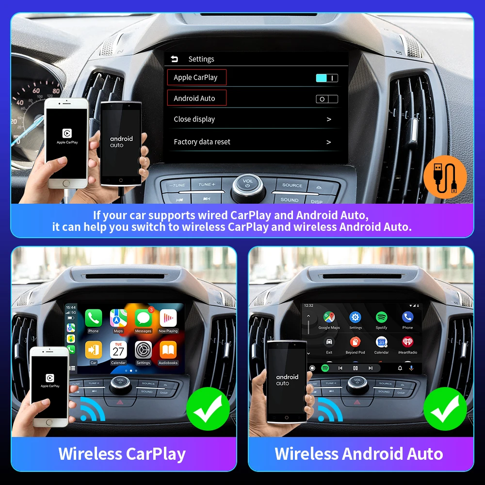 CarAIBOX 2IN1 Wired to Wireless CarPlay Android Auto Adapter Plug and Play 5.0Ghz WiFi BT Auto Connect For Wired AA CP Cars