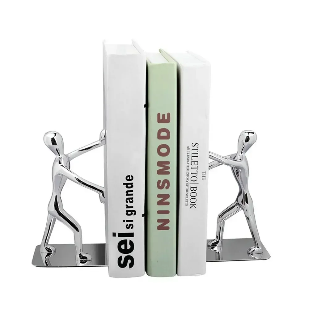 2 Pcs Fashion Cool Metal Stainless Steel Human-Shaped Bookend for School Stationery & Office Supply
