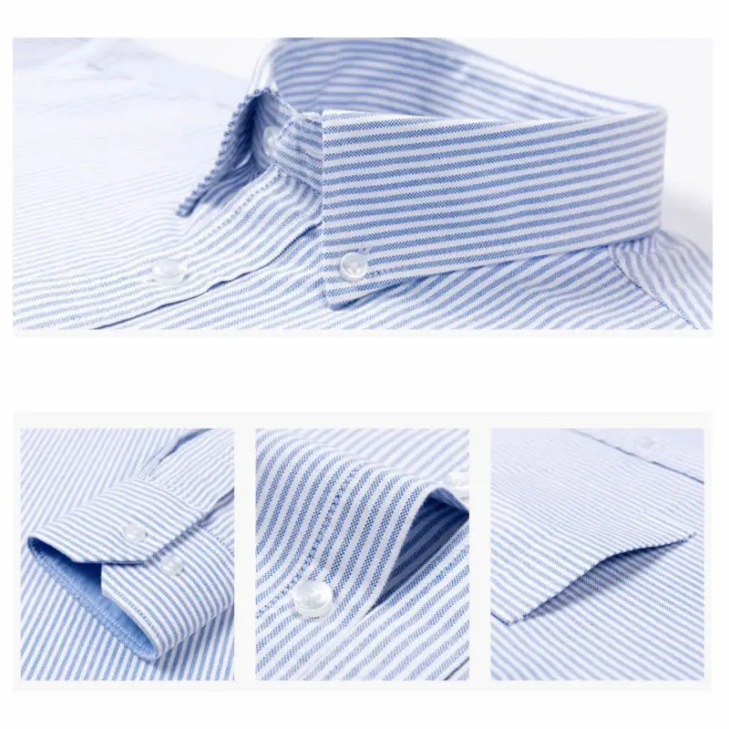 New 100% Cotton Oxford Shirt Men\'s Long Sleeve Striped Plaid Casual Shirts Korean Clothes High Quality Business Dress Shirt Grey