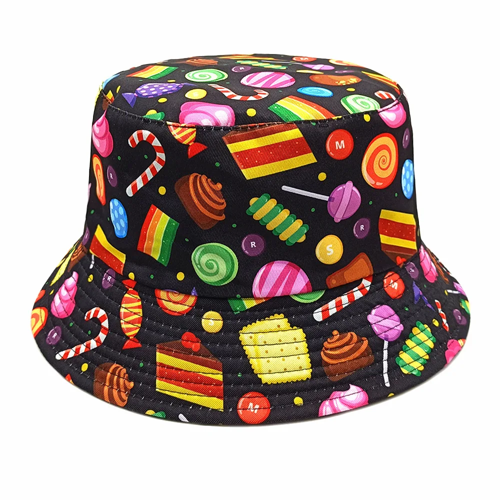 Colorful Candy Pattern Panama Women Men Summer Outdoor Sunscreen Bucket Hats Cute Sweet Decorate Fisherman Hat Female Sun Gorras