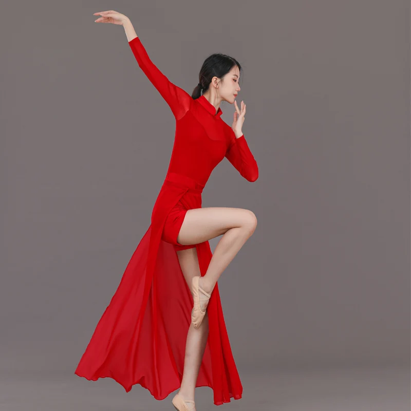 

2026 Women Modern Lyrical Dance Performance Costume Sleeveless Rhinestone Split Mesh Leotard Dress for Ballet Gymnastics Skating