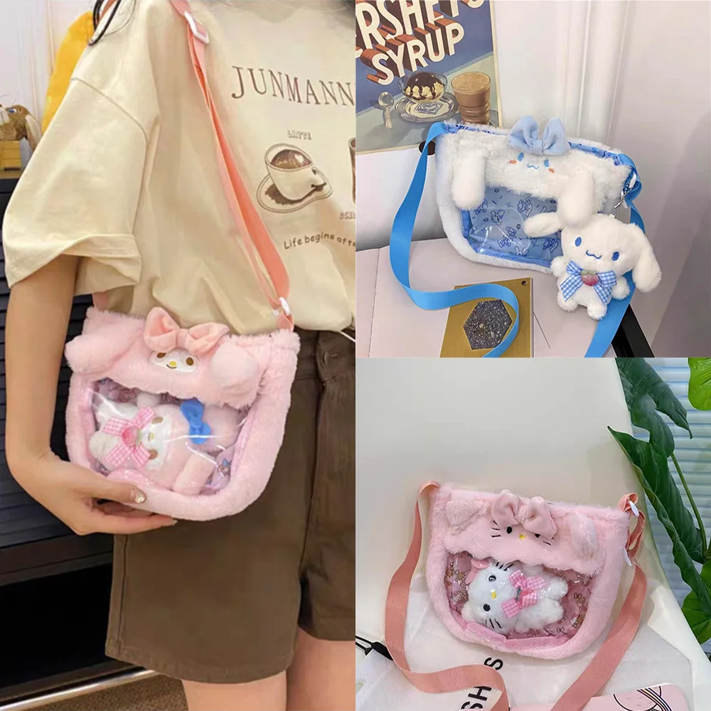 Kawaii Sanrio Hello Kitty Cinnamorollโปร่งใสPlush Aslantกระเป๋าตุ๊กตาการ์ตูนMelodyผู้หญิงช้อปปิ้งCrossbodyกระเป๋าของขวัญ
