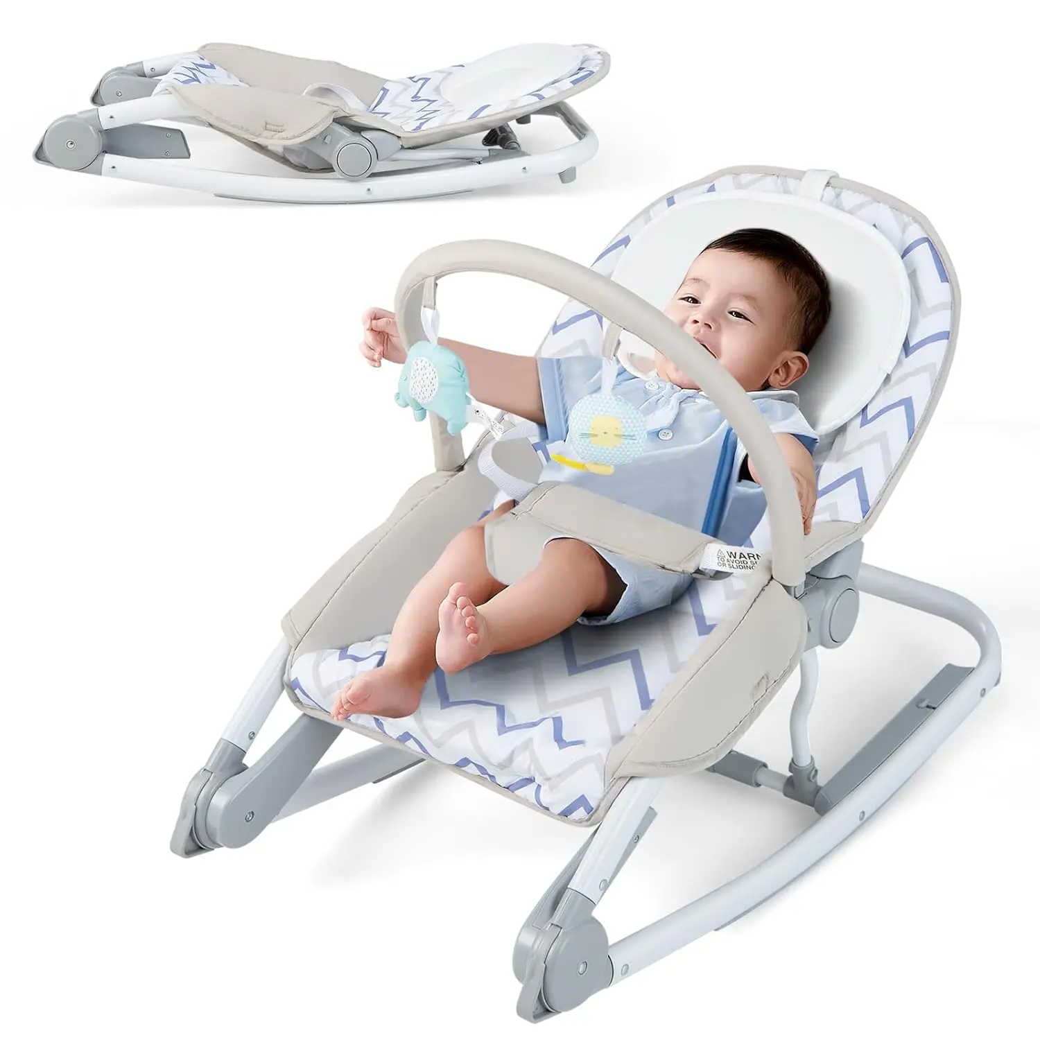 2-in-1 zusammenklappbarer Babywippe, tragbare Babyschaukel mit 3-stufig verstellbarer Rückenlehne und abnehmbarem Spielbogen, mit Sicherheitsgurt