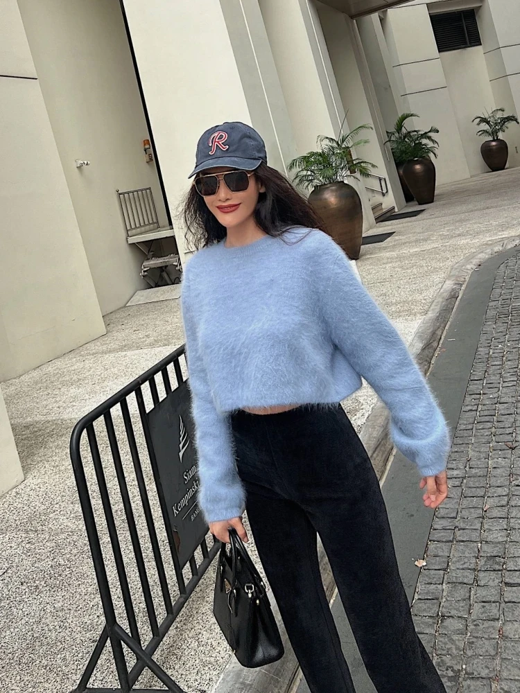 

Summer New Fashion High Level Bright Short round Neck Sweater Loose Grey Blue Straight Tube Top Quality Rabbit Fur Blend