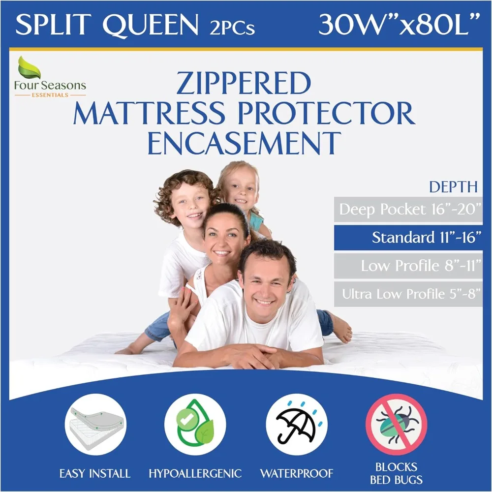 

Split Queen Mattress Encasement 30" x 80" (2PCs) - Waterproof Zippered Protector Hypoallergenic Premium Quality Cover for Adjust