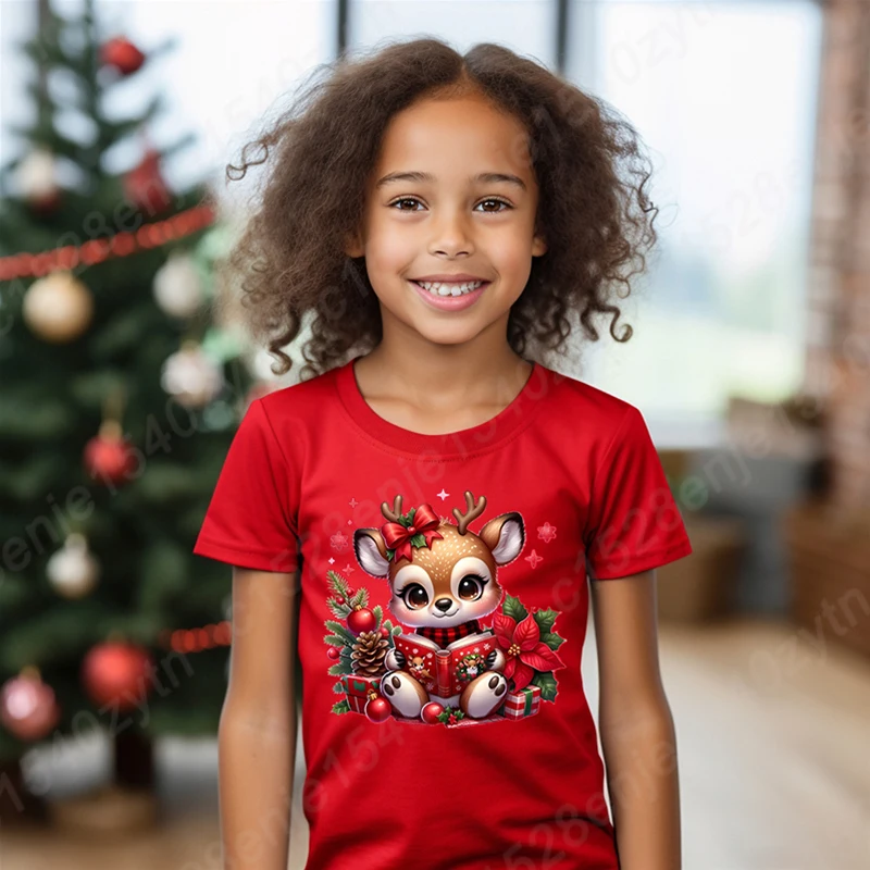 Adorable Cartoon Christmas Deer Pattern Kids' Casual Short Sleeve T-Shirt, Round Neck, Suitable For Children Girls