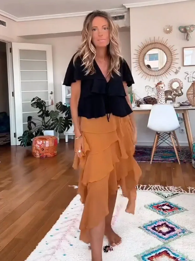 

HH Women's Autumn Fashion Asymmetric Stacked Decorative Midi Skirt Female Elegant Seaside Vacation High Street Casual Skirt