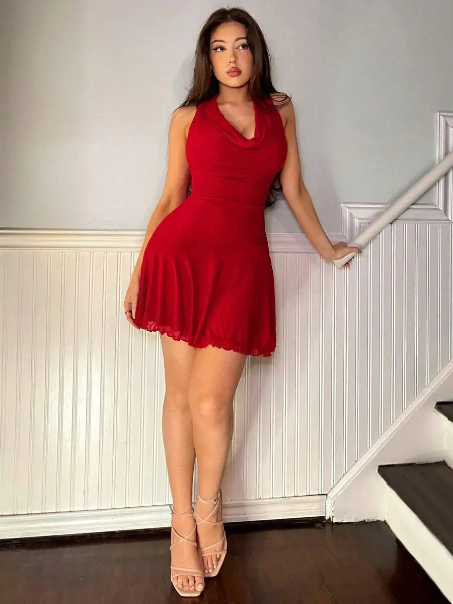 Elegant Red Halter Mini Dress V-Neck Ruched Waist Asymmetrical Hem For Party Festival view 2
