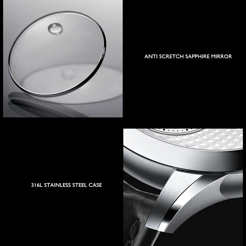 بورمان ساعة أوتوماتيكية للرجال 42 ملم ساعة يد ميكانيكية بحزام جلدي هيكل عظمي مينا ياقوت مرآة 24 ساعة