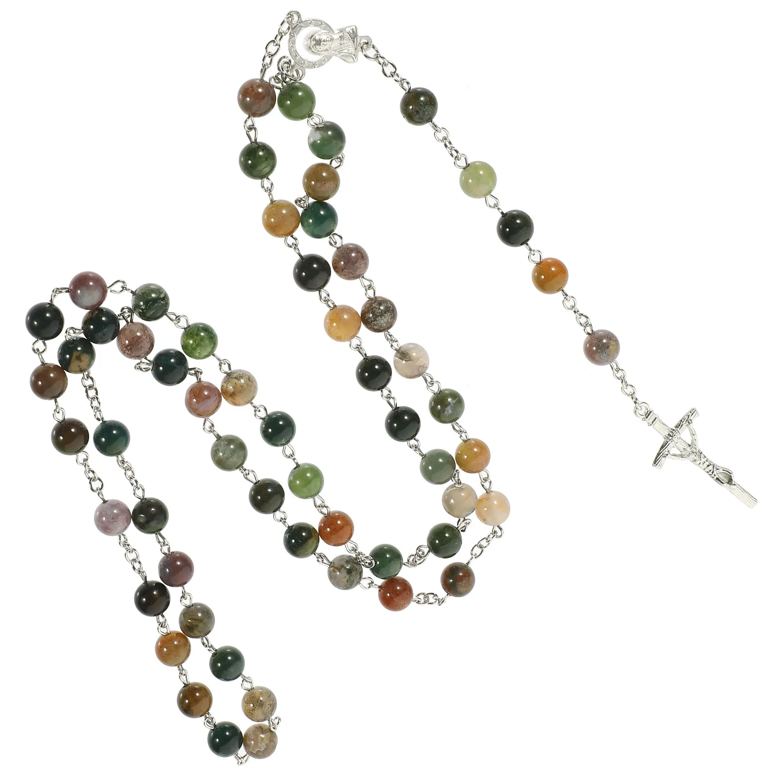 

1pc Cross Rosary Necklace Beaded Agate Crucifix Pendant Chain Catholic Men Adjustable Lightweight Trendy Summer Gifts