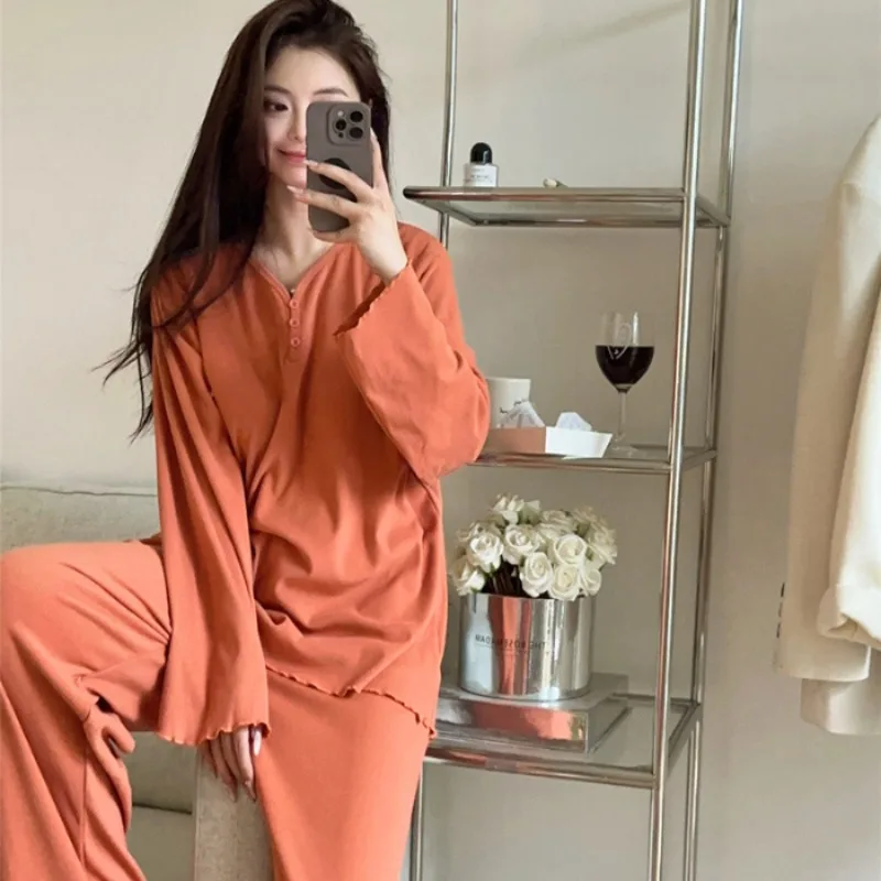 طقم بيجامة حريمي 6 ألوان منزل بسيط دافئ بالإضافة إلى ملابس نوم مخملية غير رسمية ناعمة للفتيات الصغيرات كل مباراة Ulzzang للخريف والشتاء