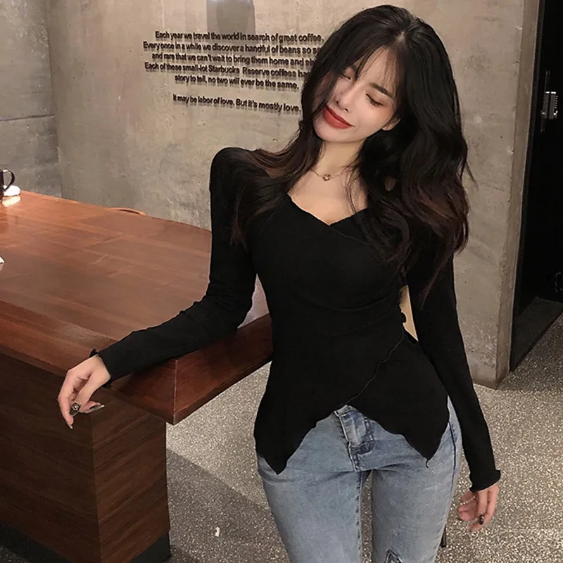 Solid V-neck Long sleeved T-shirt Sexy Split Wrapped Chest Long sleeved Minimalist Slim Fit Off Shoulder Top