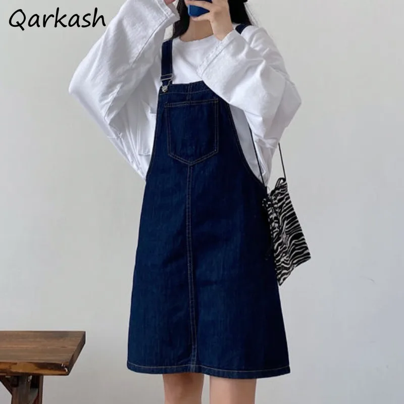 Suspenders Dresses for Women Solid Pockets Chic Students Summer Denim Clothing All-match Simple Korean Style Mini Casual Soft