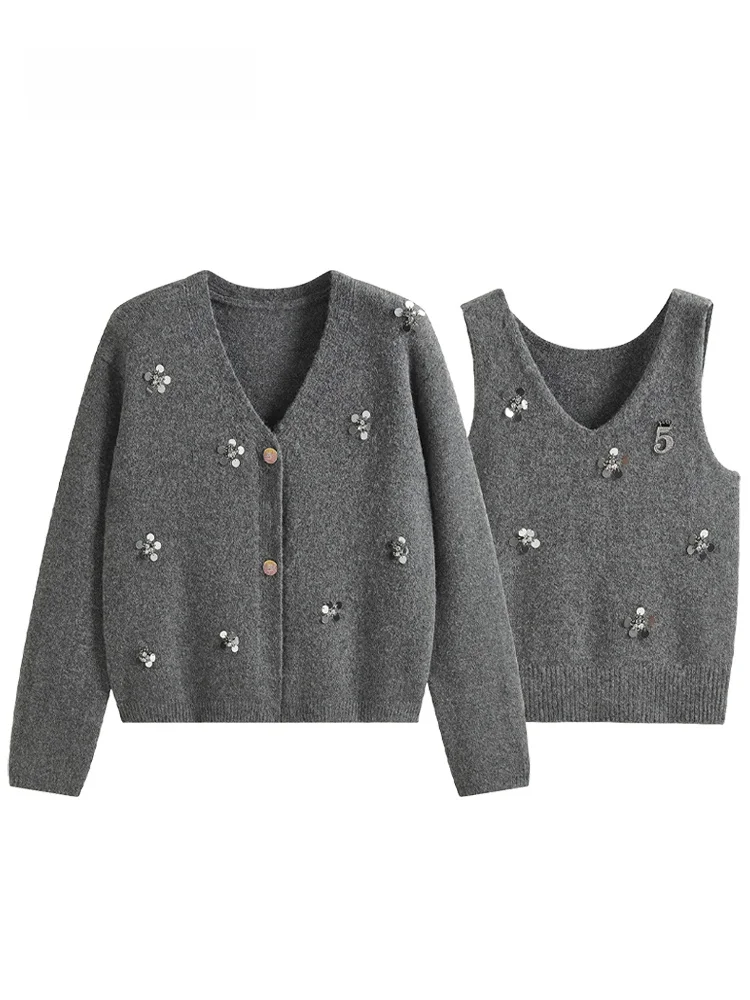 

JZZDEMM Faionable Sequin Flower Tead Women's Set Cotton Blend Crop Top And Cardigan Two-Piece Ensemble Ele Sle