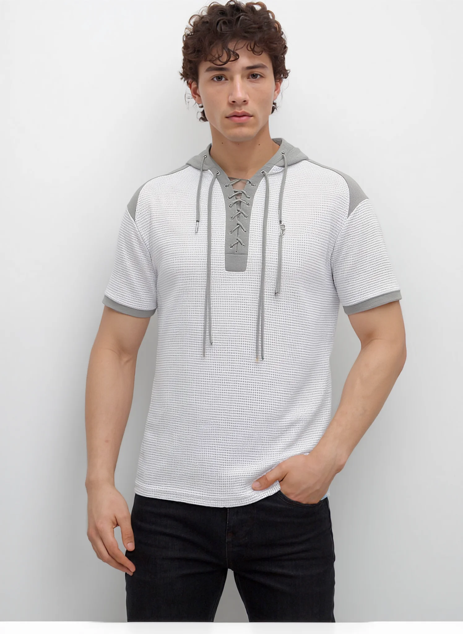 Men Waffle Knit Short Sleeve Hooded T Shirt Color Block Raglan Lace Up Henley Hoodie Zipper Pocket Casual Summer Tee