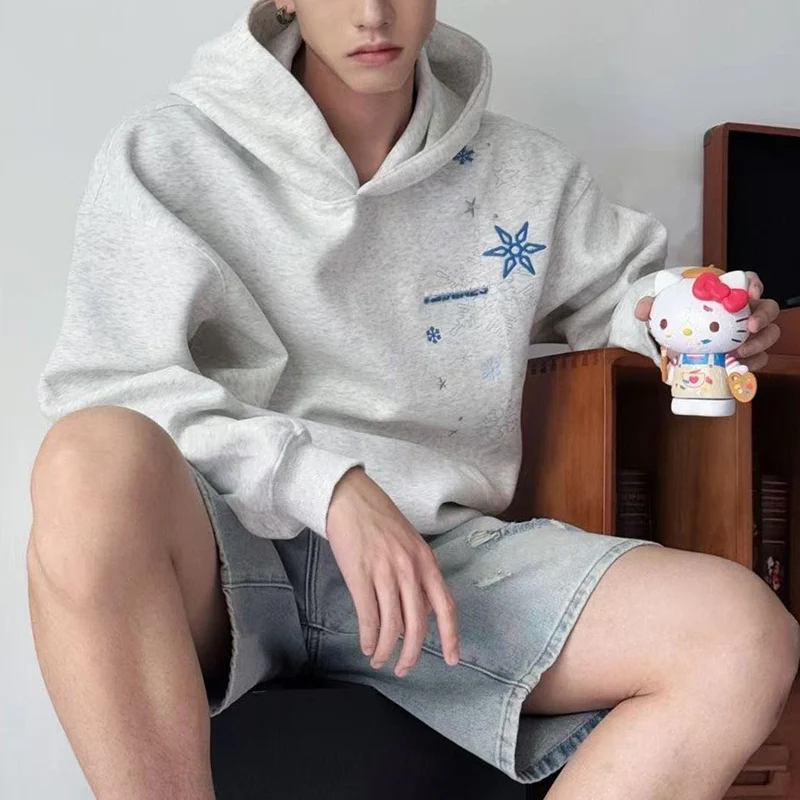 الخريف الشتاء الرجال ندفة الثلج ستار التطريز مقنعين البلوز Y2K الذكور Soild فضفاض عالية الجودة هوديي البلوز