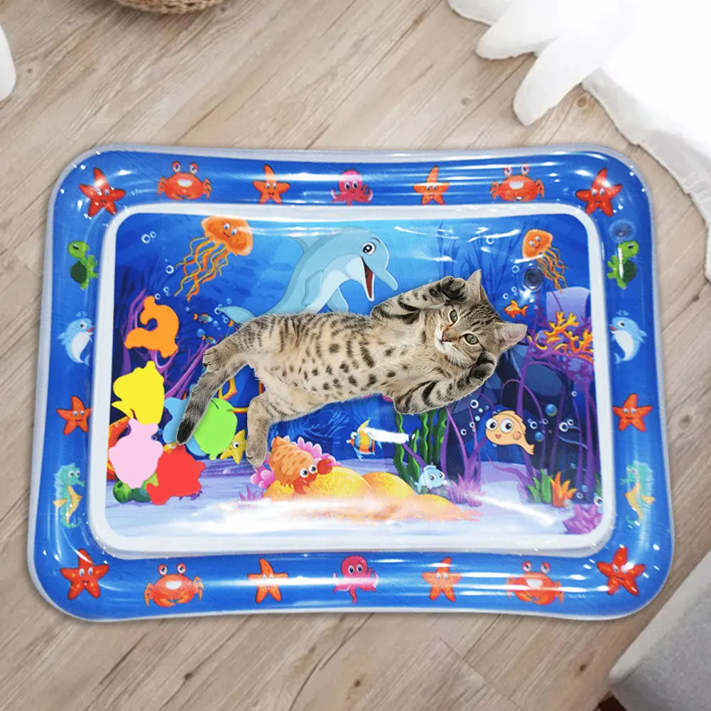 Cat Playing Water Mat PVC Inflatable Water Sensory Play Mat For Cat Dog Playmat With Fish Sea Ocean Theme Summer Pet Cooling Mat