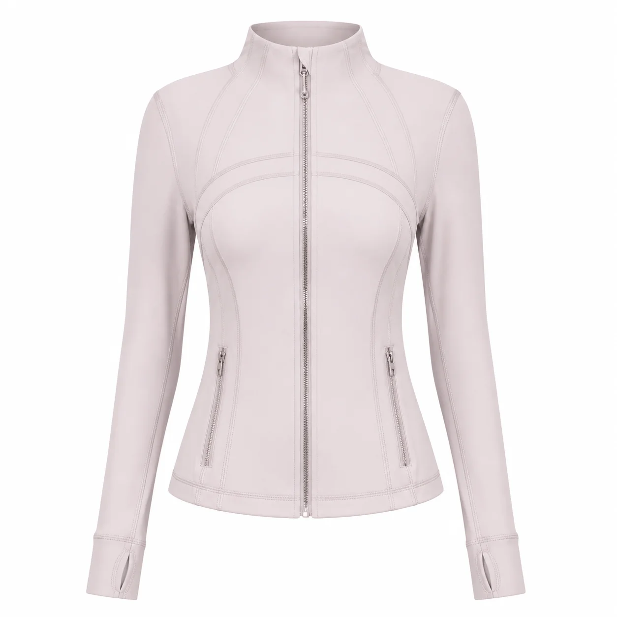 Women's Light Pink Slim Fit Full Zip Sports Jacket Stand Collar Long Sleeve Running Yoga Workout Outerwear Style P013