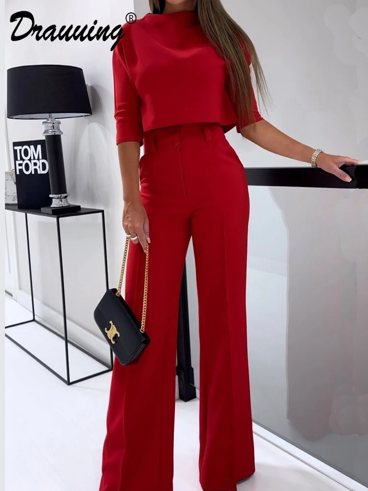 

D​rauuing 2 Pieces Sets Elegant T Shirts Half Sleeve And Wide Leg Pant Outfits Women Solid 2 Pant Sets For Women Casual Fashion