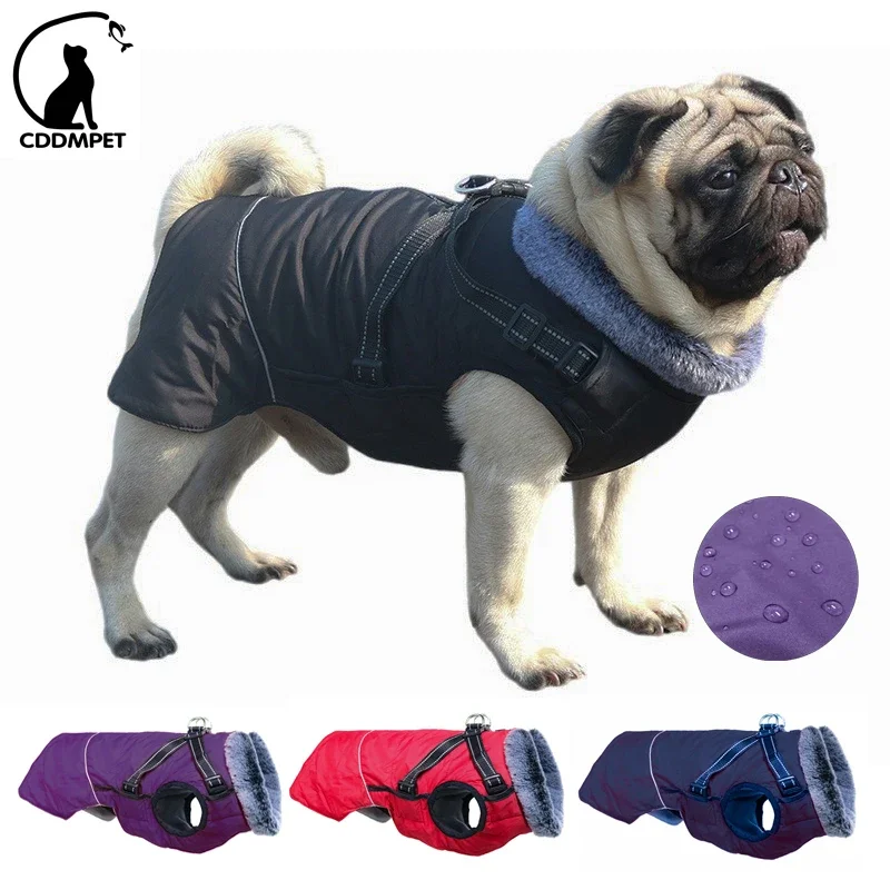 Waterproof Dog Clothes with Harness for Medium Large Dog Winter Warm Fur Collar Pet Dog Jacket Reflective French Bulldog Costume