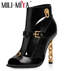 MILI-MIYA Fashion Super High Chain Heels Women Cow Leather Sandals Boots Peep Toe Buckle Strap Plus Size 34-43 Dress Party Shoes