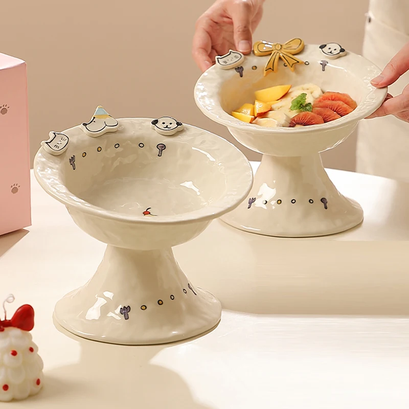 

Creative Handmade Cute Ceramic High Footed Tablewarel Neck Protection Cat and Dog Food Bowls, Good-looking Salad Fruit Bowl, 1Pc