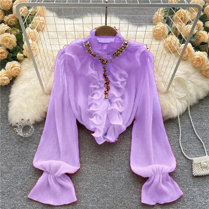 2024 New Elegant Shirts Women Design Diamonds Loose Casual Tops Long Sleeve Ruffles Gentle Office Lady Blouses Spring