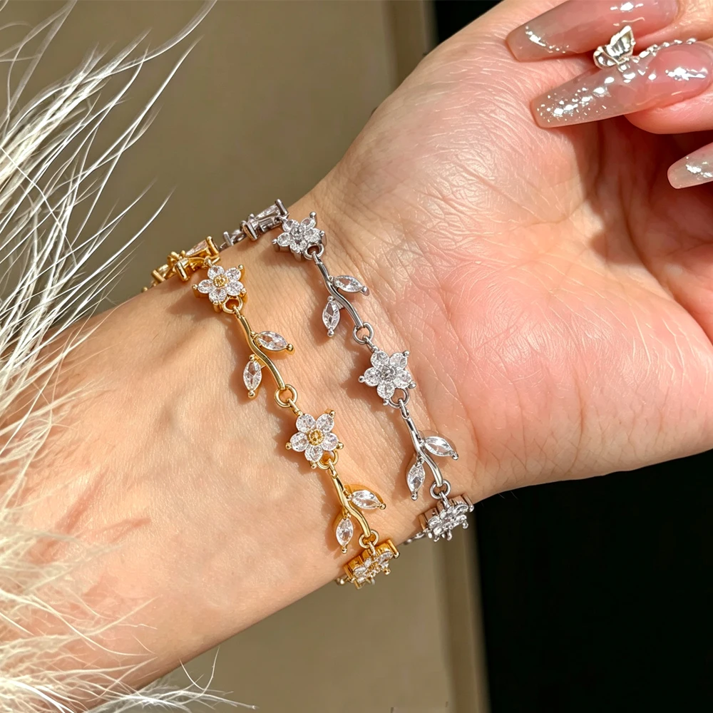 Yupsk Korean Style Fashion Flower Vine Plants Zirconia Inlaid Bracelets for Women Girls Exquisite Daily Versatile Accessories