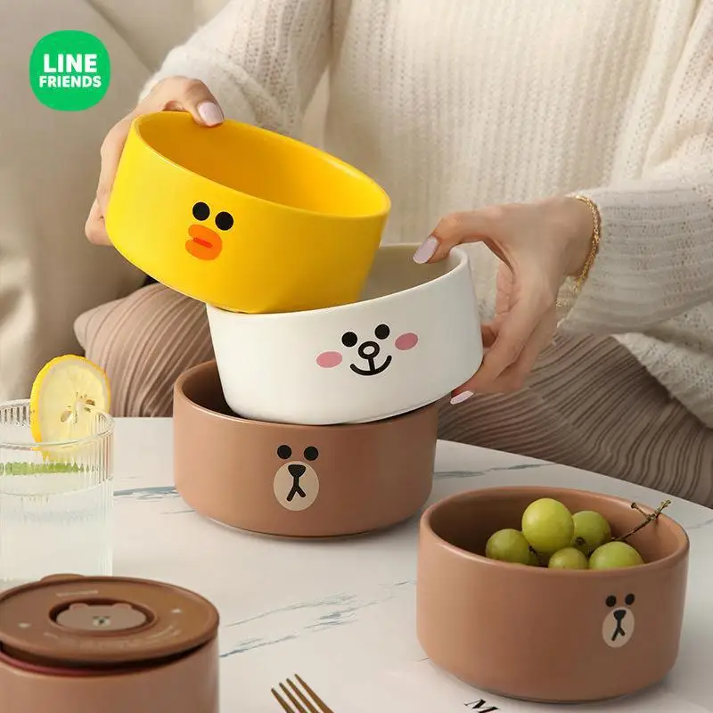 LINE FRIENDS Ceramic Freshness Bowl 3-Piece Set Cute Bento Lunch Box with Lid Sealed Microwave Oven for Office Workers