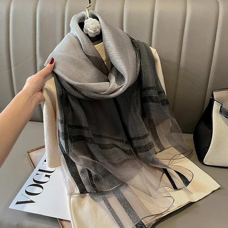 2023 New Luxury Shawls and Wraps Plaid Silk Scarf Women Hijab Pashmina Beach Foulard Stoles Female Bufanda Headscarf