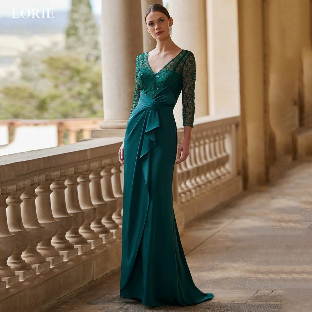 

LORIE Elegant Satin Party Dresses V-Neck Full Sleeves Beading Evening Prom Dress Pleats Mermaid Prom Gown Customized