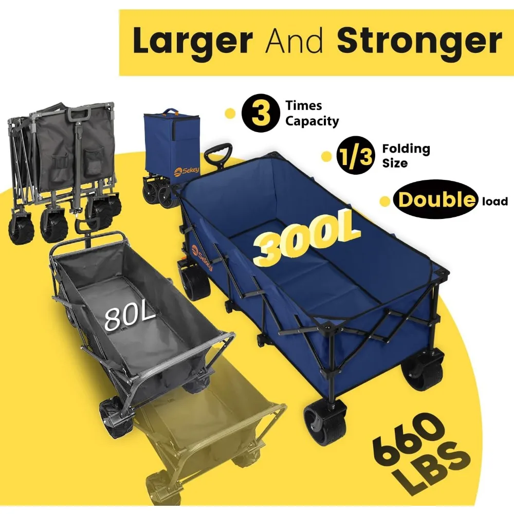 300L Extended Collapsible Wagon, 660 lb Capacity, 48 in Long, Heavy Duty Folding Utility Cart