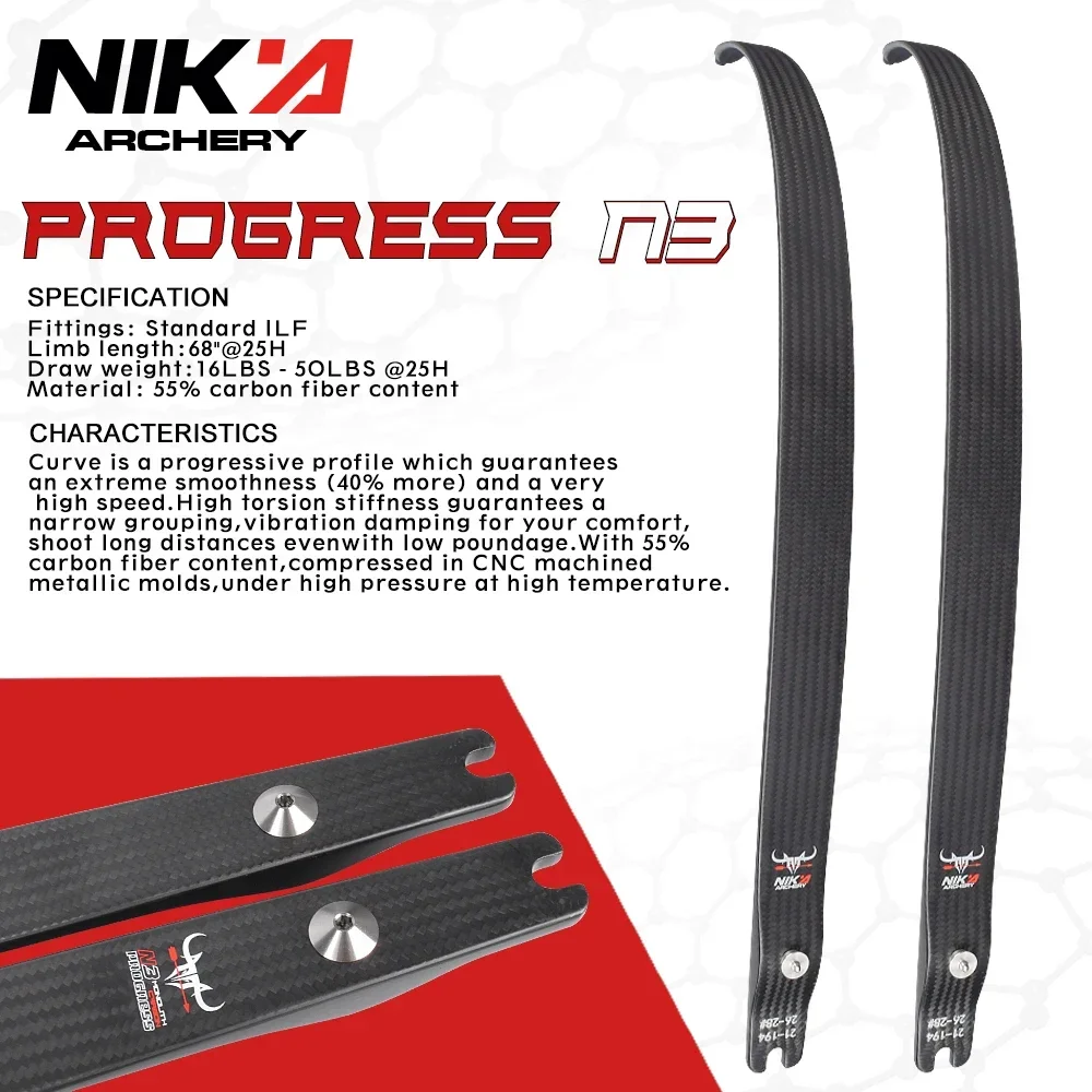 

1 Pair Nika Archery Limbs 68" Recurve Bow Limbs Progress Series N3 Carbon Fiber Limb 24-46 lbs 55% Carbon Fibre
