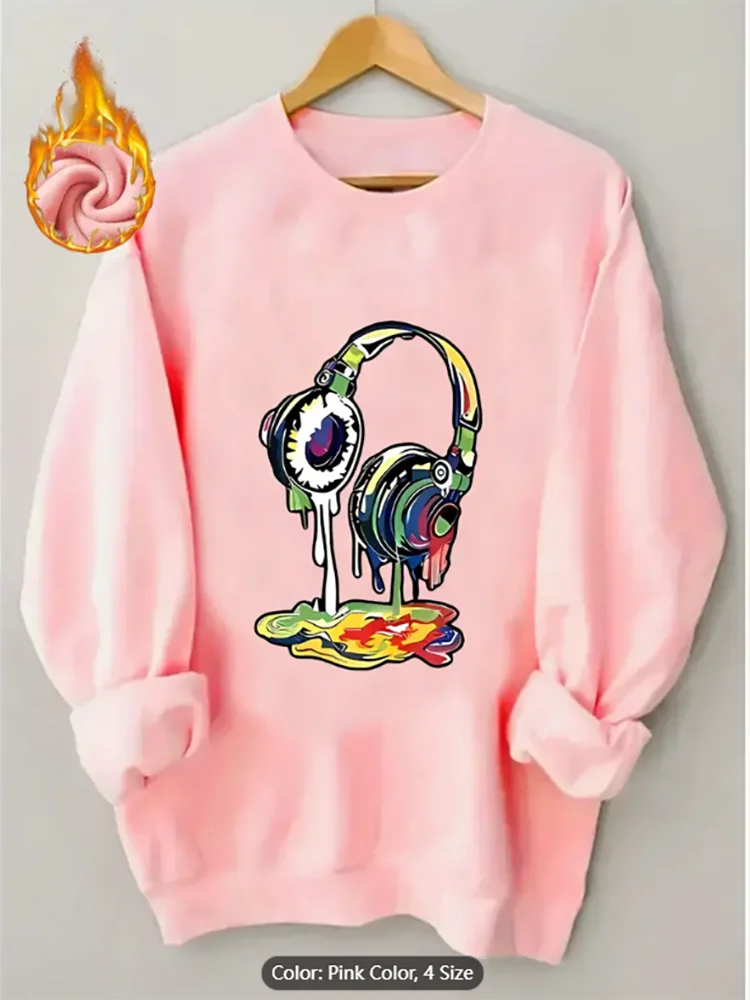 

Женская толстовка с капающими наушниками и графическим принтом на флисовой подкладке, повседневный пуловер большого размера, топ для любителей музыки, чистый хлопок