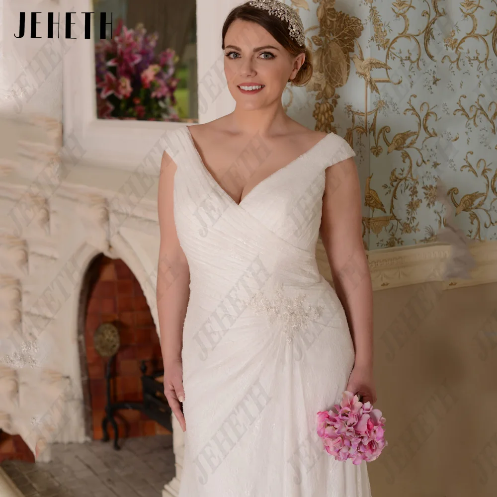 JEHETH Elegant Mermaid Wedding Dresses Cap Sleeves Plus Size Bride Gowns Lace Applique Sweep Train V-Neck Vestidos De Noiva