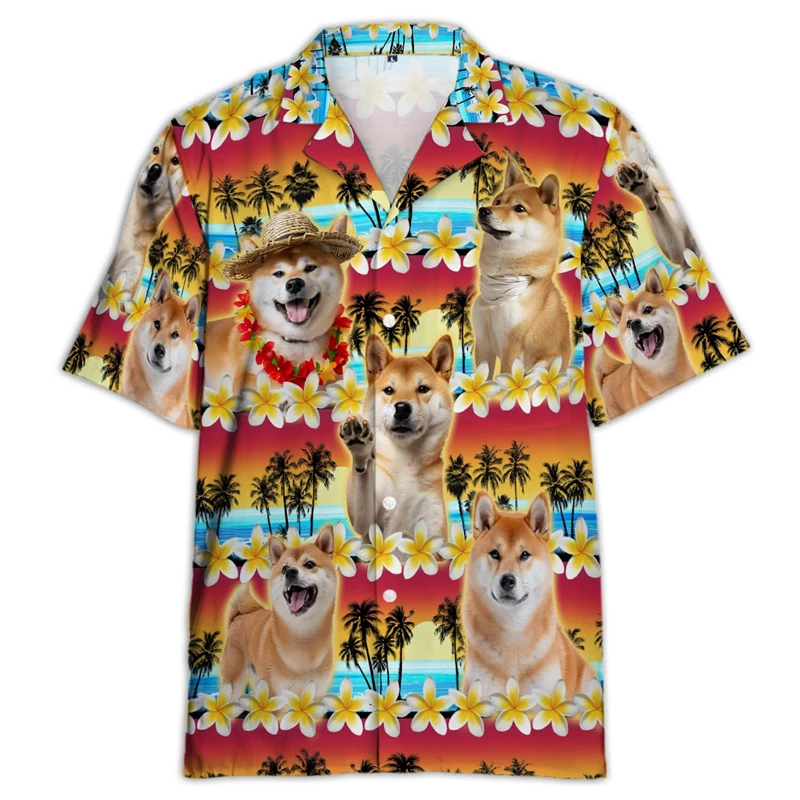 Shiba Inu kemeja motif 3D untuk pria, baju atasan pantai anjing lucu uniseks blus kerah kasual Hawaii untuk pria dan wanita