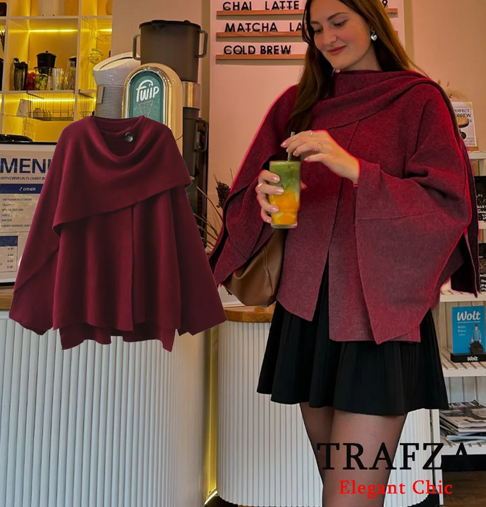 

TRAFZA Elegant Cape Sweater Women's Scarf Collar Loose Sweater New 2024 Fashion Fall Winter Romantic Date Casual Simple Sweater